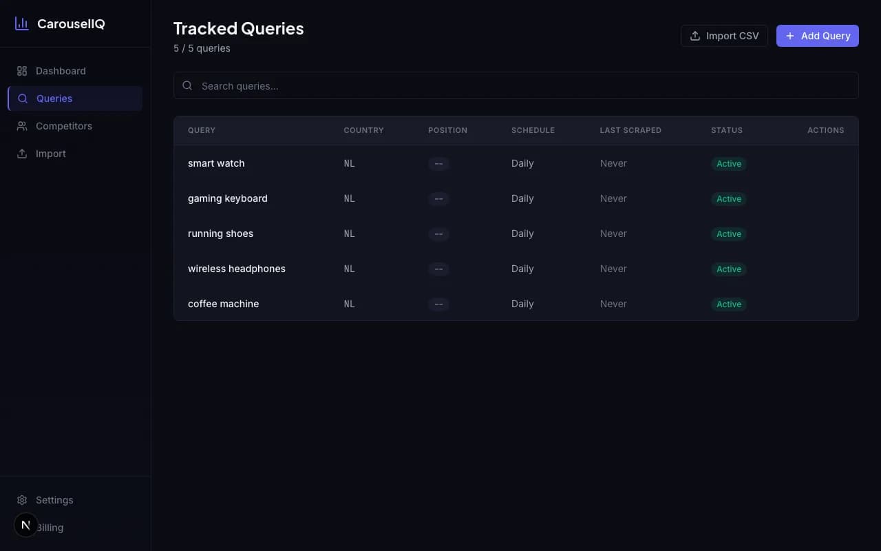 Query management table with bulk actions, filters, and collection status